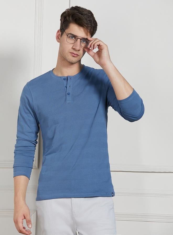 Dennis Lingo Regular Fit Mid Blue Cotton Henley Neck T-Shirt - Image 3
