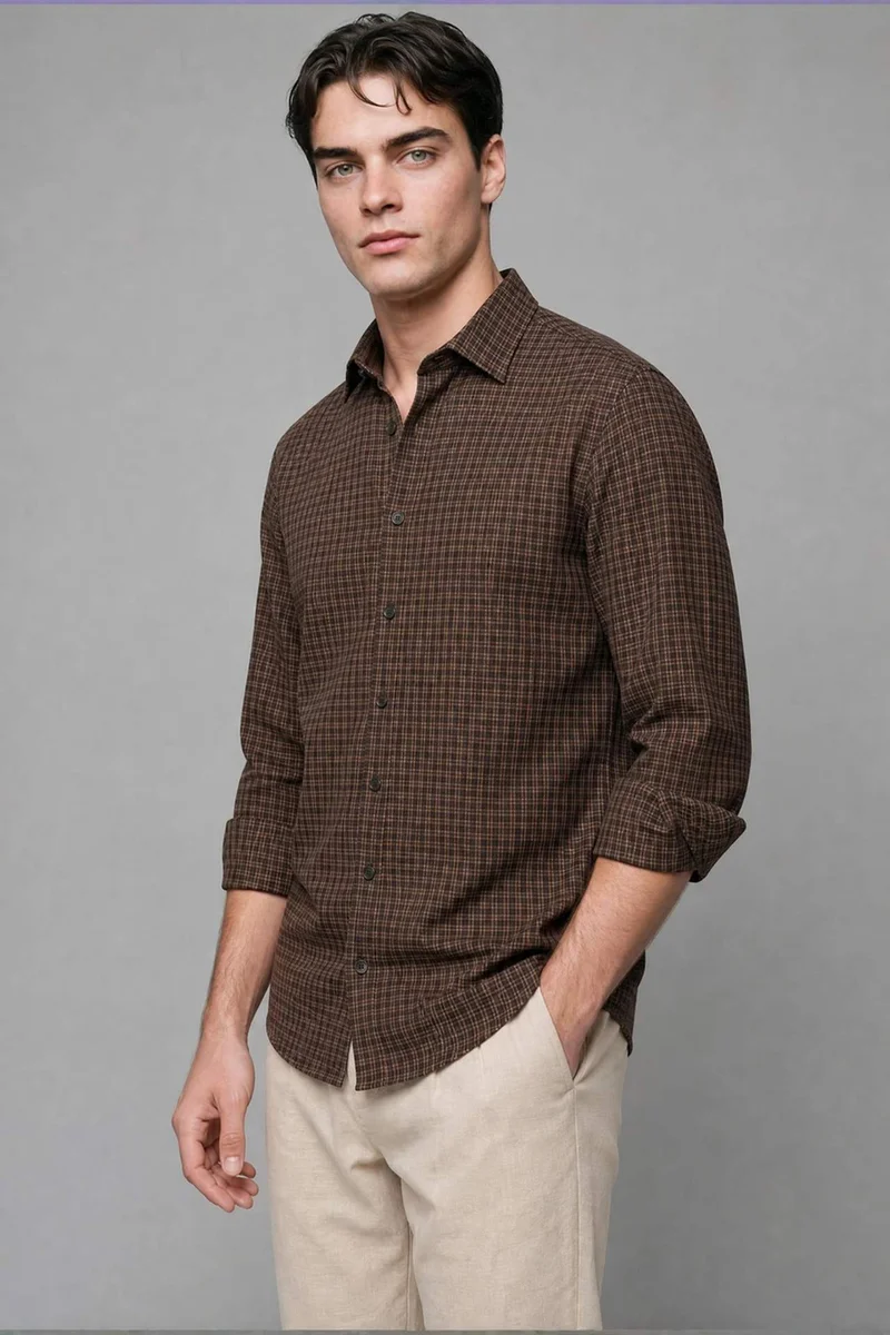Regular Fit Plaid Linen Blend Brown Shirt