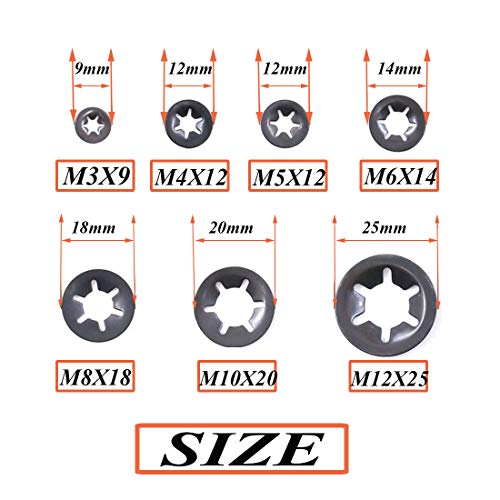 SpzcdZa 260pcs 7 Size Internal Tooth Starlock Washers Locking Washer Assortment Kit, Push On Speed Clips Fasteners Assortment Kit,Quick Speed Locking Washers,Black Oxide Finish65Mn Black Oxide Finish - Image 2