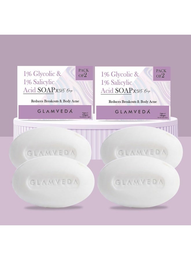 Glamveda Anti Acne 1% Glycolic Acid & 1% Salicylic Acid Soap Pack of 4 | Reduces Dark Spots, Acne Scars & Hyperpigmentation - 75gm each - Image 1