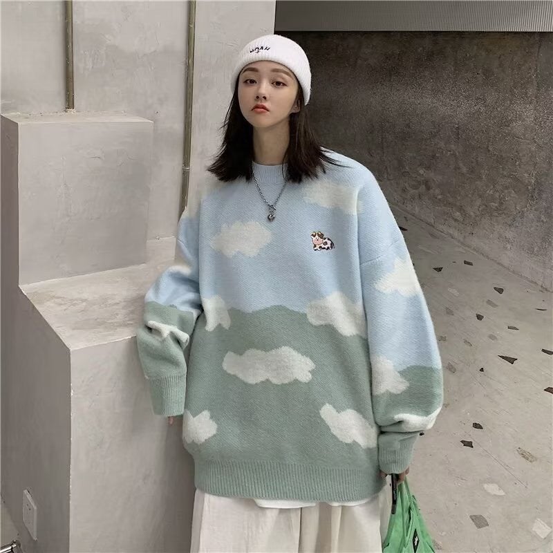 Retro Lazy Cartoon Cloud Sweater Unisex Soft Knitwear Under Green