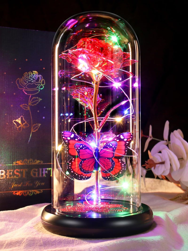 DEEMEI Birthday Gifts for Women Red Rose Eternal Flower Light Up Rose in Glass Dome with Butterfly Flowers for Delivery Prime Anniversary Grandma Mom Gift Wife Girlfriend