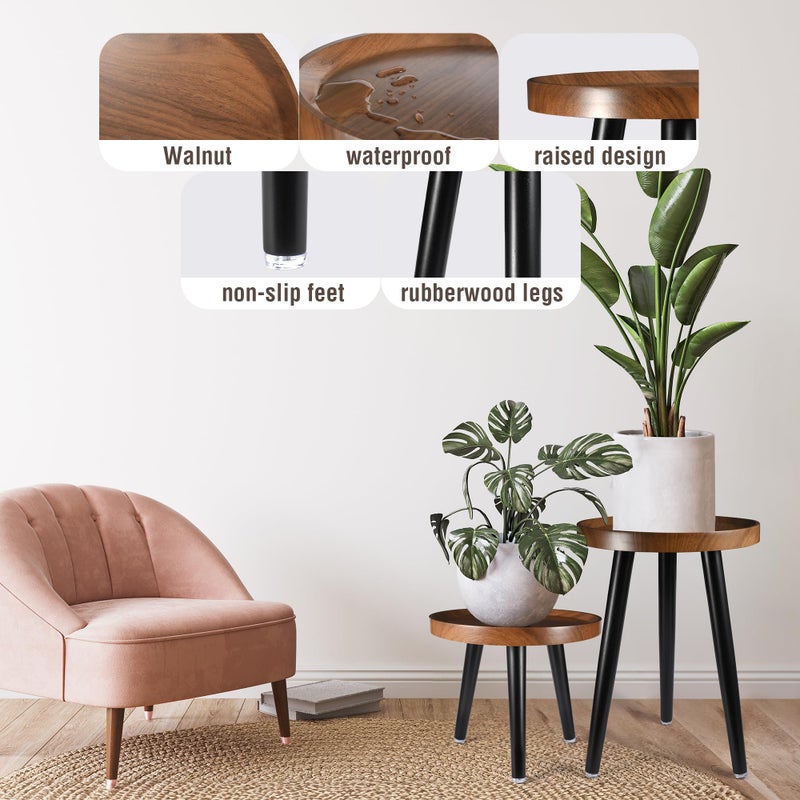 KGPLOME Indoor Plant Stand,Wood Mid Century Plant Table in Walnut Finish,Tall Plant Stand for Flower Pot,Modern Round Small Side End Table with Raised Design (Walnut, 12"x18") - Image 4