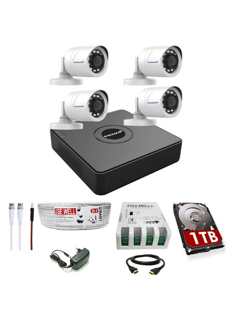 Prama 2MP Full HD CCTV kit with 4 Channel DVR 4 Outdoor Cameras 1 TB HDD JK Vision WireSMPS and Required Accessories Motion Detection Black