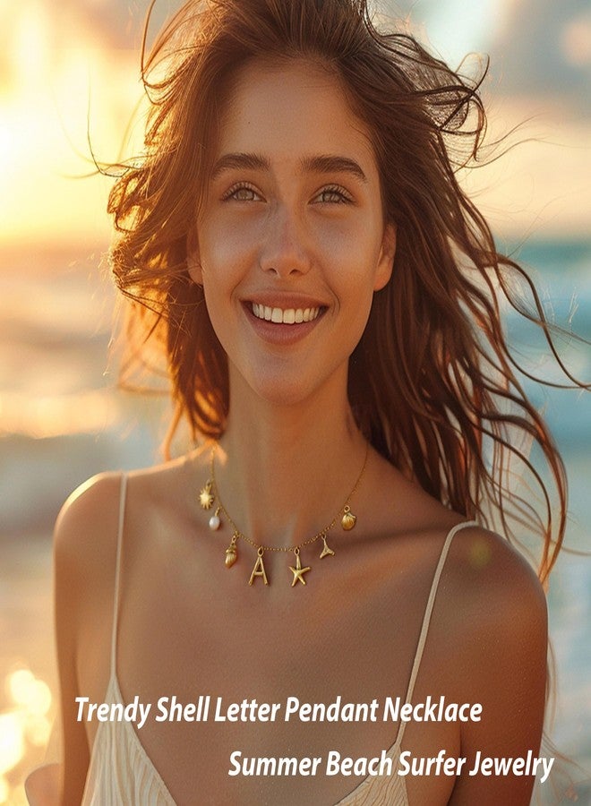 Dcfywl731 Initial Charm Necklace Beach Jewelry for Women Trendy Shell Letter Pendant Necklace Summer Beach Surfer Jewelry Gifts Boho Starfish Pearl Charms for Summer Vacation - Image 3