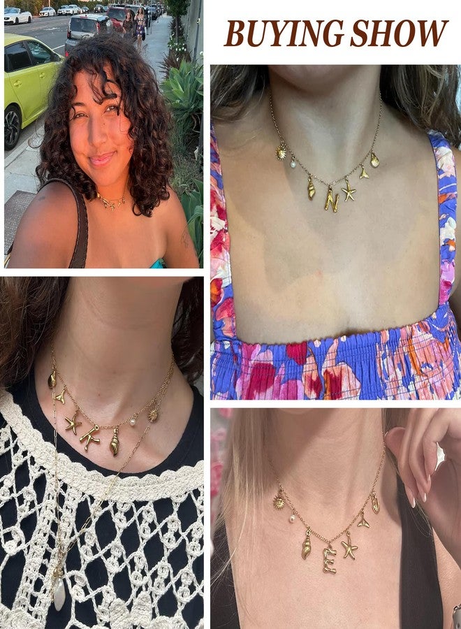 Dcfywl731 Initial Charm Necklace Beach Jewelry for Women Trendy Shell Letter Pendant Necklace Summer Beach Surfer Jewelry Gifts Boho Starfish Pearl Charms for Summer Vacation - Image 5