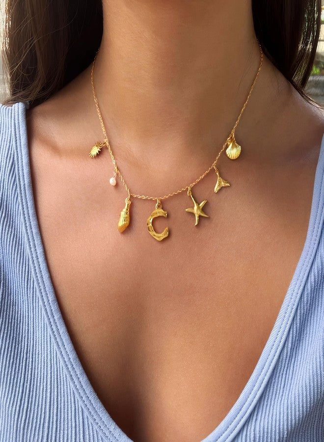 Dcfywl731 Initial Charm Necklace Beach Jewelry for Women Trendy Shell Letter Pendant Necklace Summer Beach Surfer Jewelry Gifts Boho Starfish Pearl Charms for Summer Vacation - Image 2