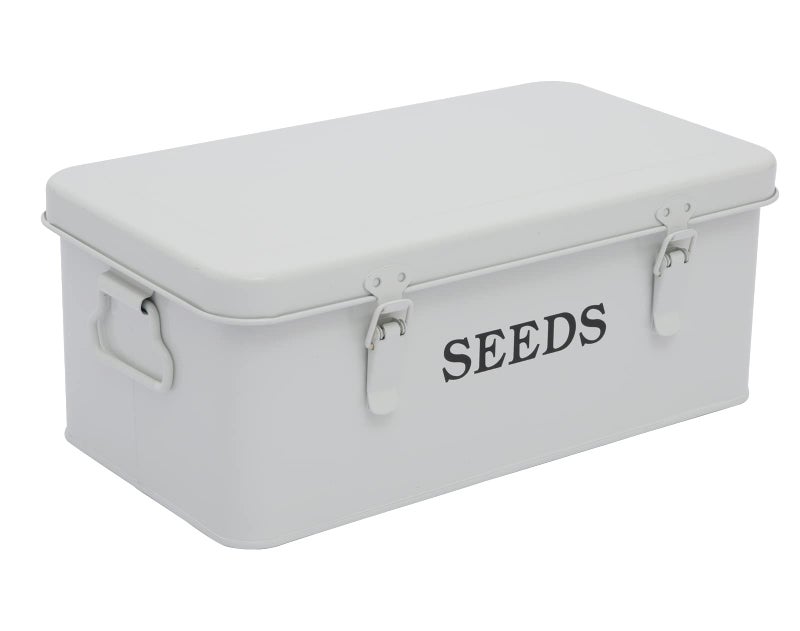 Xbopetda Seed Saving Box, Metal Seed Bin, Seed Storage Organizer, Seed Packet Container with Lid, Seed Envelope Storage Box, 4 Compartments Garden Seed Bin with Safety Locks-White - Image 1