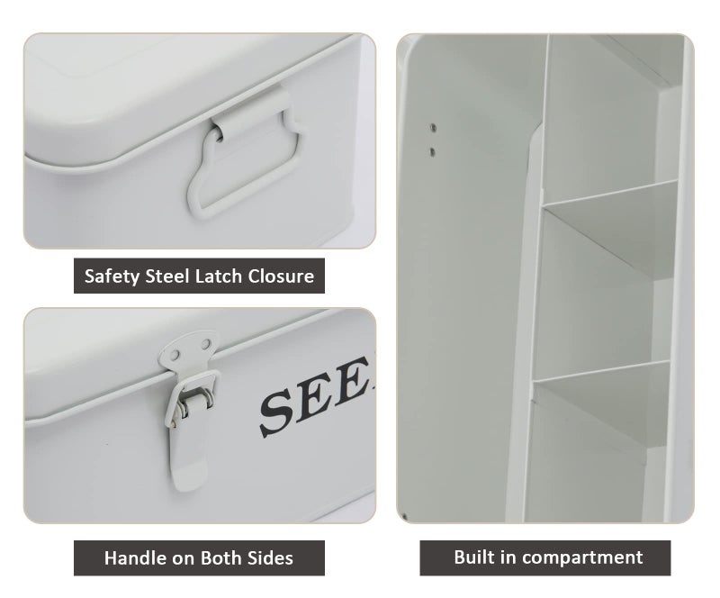 Xbopetda Seed Saving Box, Metal Seed Bin, Seed Storage Organizer, Seed Packet Container with Lid, Seed Envelope Storage Box, 4 Compartments Garden Seed Bin with Safety Locks-White - Image 2