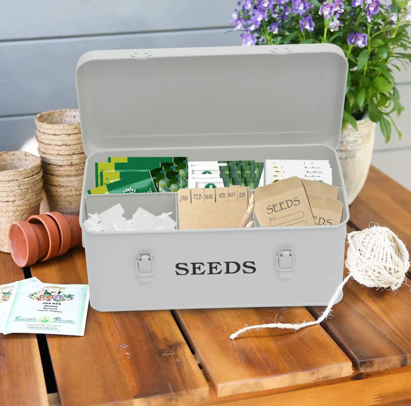Xbopetda Seed Saving Box, Metal Seed Bin, Seed Storage Organizer, Seed Packet Container with Lid, Seed Envelope Storage Box, 4 Compartments Garden Seed Bin with Safety Locks-White - Image 5