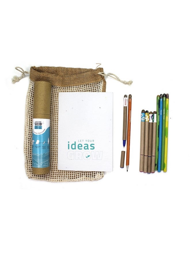 bioQ Plantable Stationery and Recycled Combo Set 5 Seed Pen with 5 Seed Pencil in a Box, 1 Hand-Made Seed-Paper Notepad, Eco-Friendly Jute Bag (Pack of 1) - Image 1