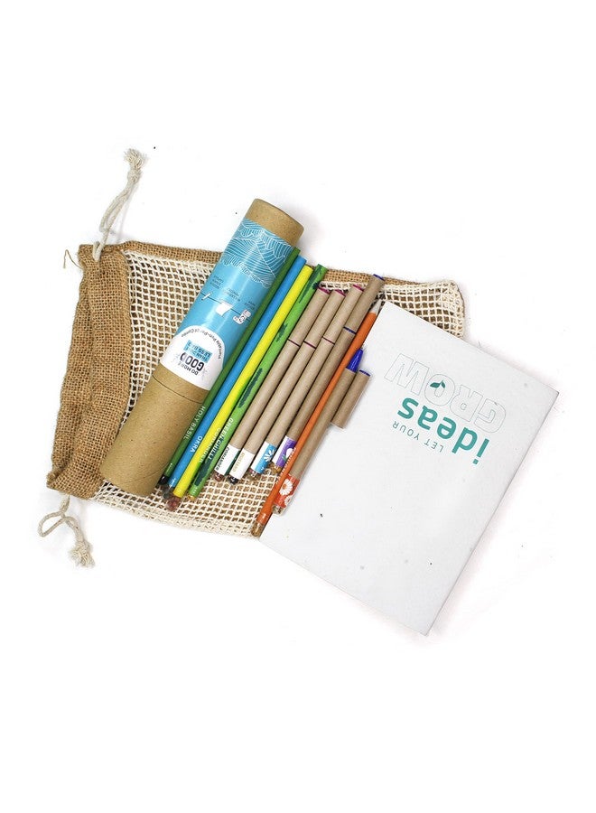 bioQ Plantable Stationery and Recycled Combo Set 5 Seed Pen with 5 Seed Pencil in a Box, 1 Hand-Made Seed-Paper Notepad, Eco-Friendly Jute Bag (Pack of 1) - Image 2