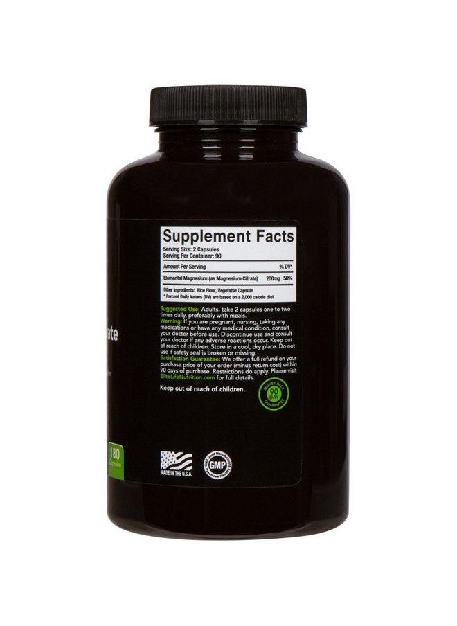 ELITE LIFE NUTRITION - Magnesium Citrate 200Mg Pure Highpotency Bioavailable And Natural Magnesium Optimum For Stress Relief Sleep Relaxation Constipation And Brain Support Now With 180 Capsules - Image 1