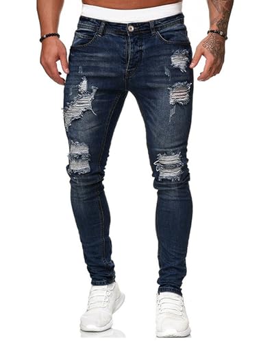 HUNGSON Men's Blue Slim Fit Jeans Stretch Destroyed Ripped Skinny Jeans Side Striped Denim Pants(Dblue,32) - Image 4