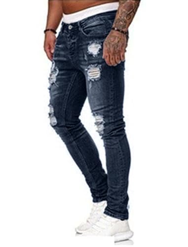 HUNGSON Men's Blue Slim Fit Jeans Stretch Destroyed Ripped Skinny Jeans Side Striped Denim Pants(Dblue,32) - Image 2