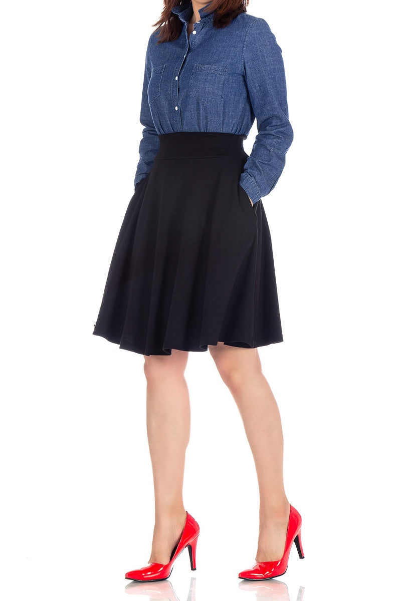 Dani's Choice High-Waisted Cotton Blend Skirt with Pockets - Knee Length A-line Flare for Business and Casual Wear Black XS - Image 3