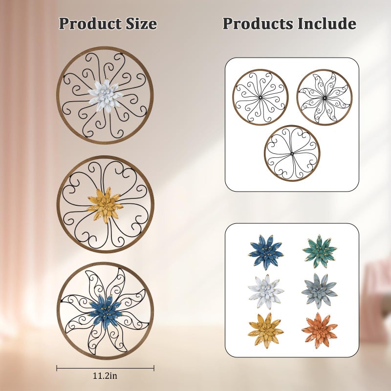 Hogardeck Metal Flower Wall Decor - 3 Pcs 11"" Metal Wood Floral Wall Decoration With 6 Piece Interchangeable Flowers  Hanging Rustic Wall Art For Bedroom  Living Room  Bathroom  Kitchen - Image 2