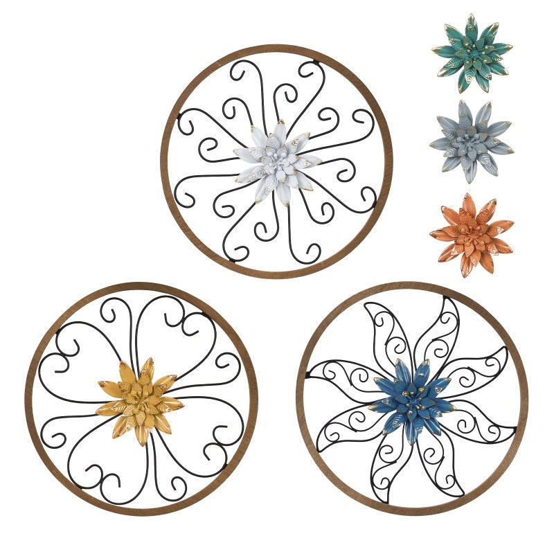 Hogardeck Metal Flower Wall Decor - 3 Pcs 11"" Metal Wood Floral Wall Decoration With 6 Piece Interchangeable Flowers  Hanging Rustic Wall Art For Bedroom  Living Room  Bathroom  Kitchen - Image 1