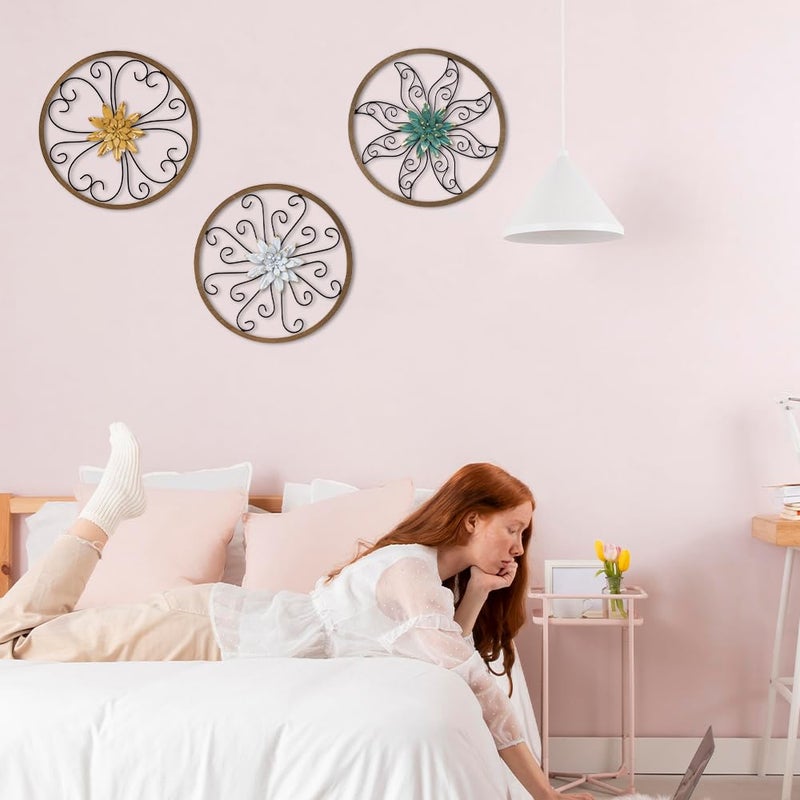 Hogardeck Metal Flower Wall Decor - 3 Pcs 11"" Metal Wood Floral Wall Decoration With 6 Piece Interchangeable Flowers  Hanging Rustic Wall Art For Bedroom  Living Room  Bathroom  Kitchen - Image 3