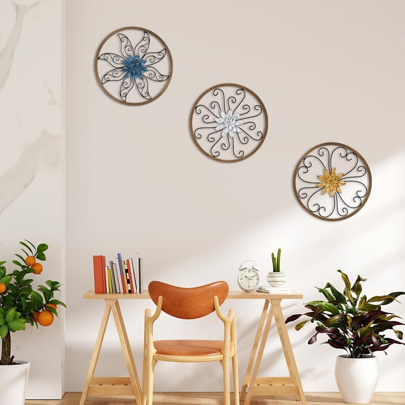 Hogardeck Metal Flower Wall Decor - 3 Pcs 11"" Metal Wood Floral Wall Decoration With 6 Piece Interchangeable Flowers  Hanging Rustic Wall Art For Bedroom  Living Room  Bathroom  Kitchen - Image 5