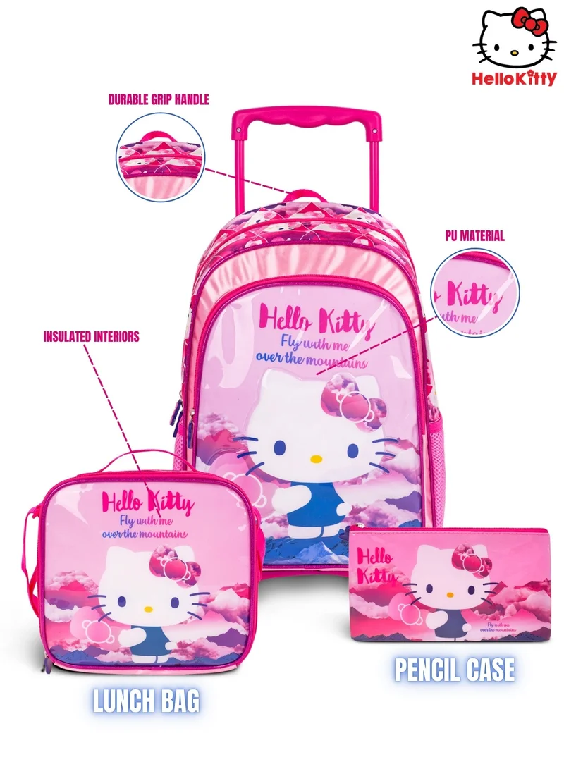 سانريو Hello Kitty  16 Inch Kids 3-in-1 Trolley School Bag Set - Ergonomic Backpack, Insulated Lunch Bag & Pencil Case,Lightweight, Durable, Students 6+ - Perfect for Travel & School,For Girls