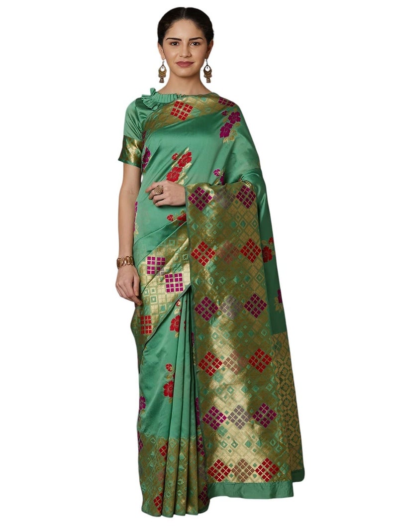 LACOSSI Pure Fancy Kanjivaram Jacquard Silk Saree Banarasi Jacquard Silk Saree Rich Pallu Design Woven Jacquard Trendy Special Occassion Wear With Unstitched Blouse Piece (Apple-2855) - Image 1