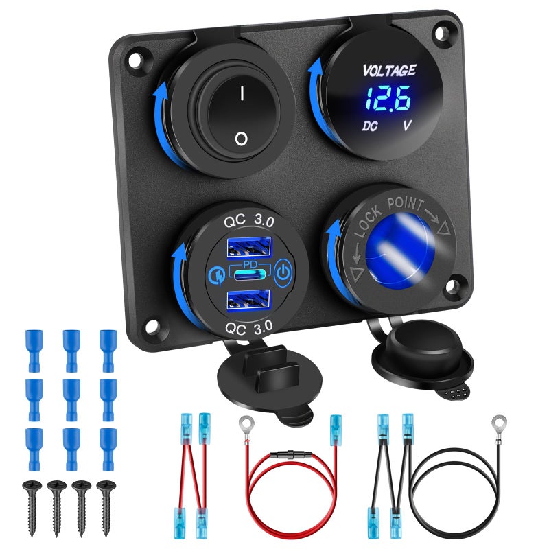 لوحة شاحن USB 12V مع منافذ PD 30W مزدوجة QC30 18W 4 في 1 من الألمنيوم مقاومة للماء لمخرج USB في المركبات الترفيهية ومقبس ولاعة السجائر 150W ومقياس جهد LED ومفتاح دوار للقوارب والمخيمات والشاحنات