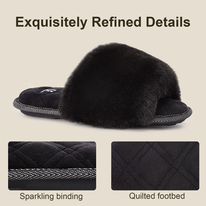 LongBay Women's Open Toe Slippers Fuzzy Fluffy Memory Foam Comfy Slip On Indoor Bedroom Home Slide (X-Large /11-12, Black) - Image 3