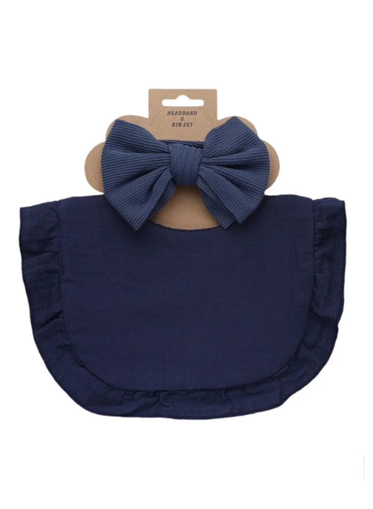 Bambimici Bambimici - Ava Small Ribbon Headband & Baby Bib Set - Navy Blue