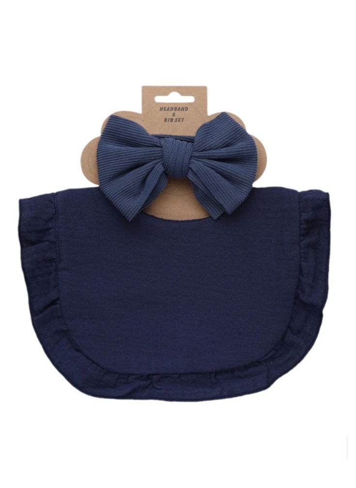 Bambimici Bambimici - Ava Small Ribbon Headband & Baby Bib Set - Navy Blue  - Image 2