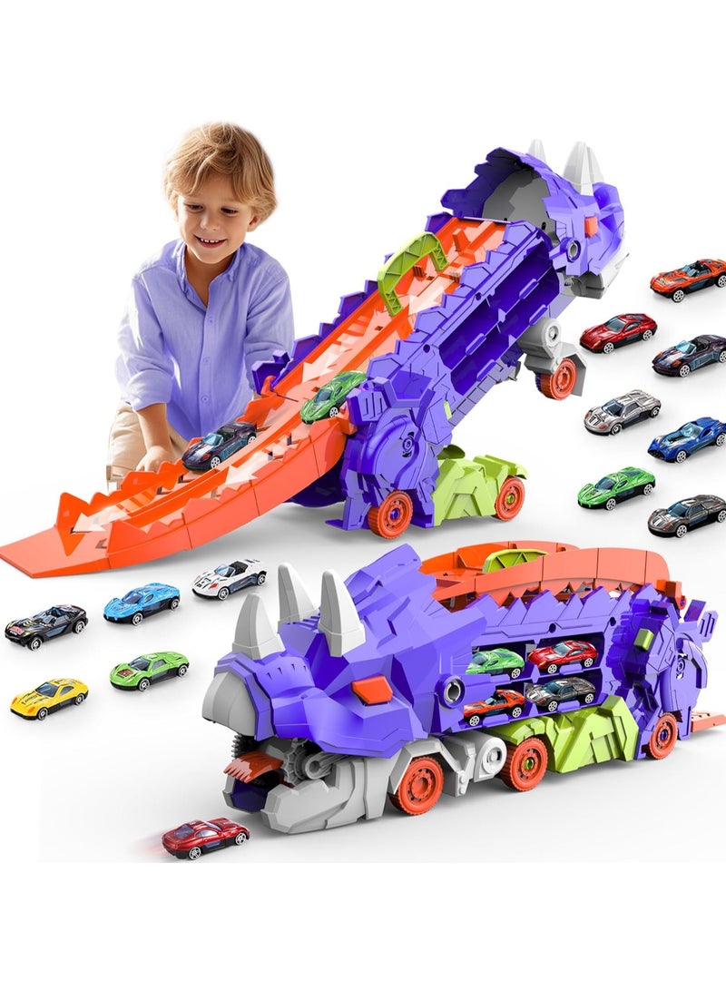 Transform Dinosaur Truck for Toddlers, Transporter Track Set with 8 Die-cast Vehicles Toys, Transforms into Triceratops Play Vehicles Gifts Set for 3+ Kids Boys Girls - Image 1