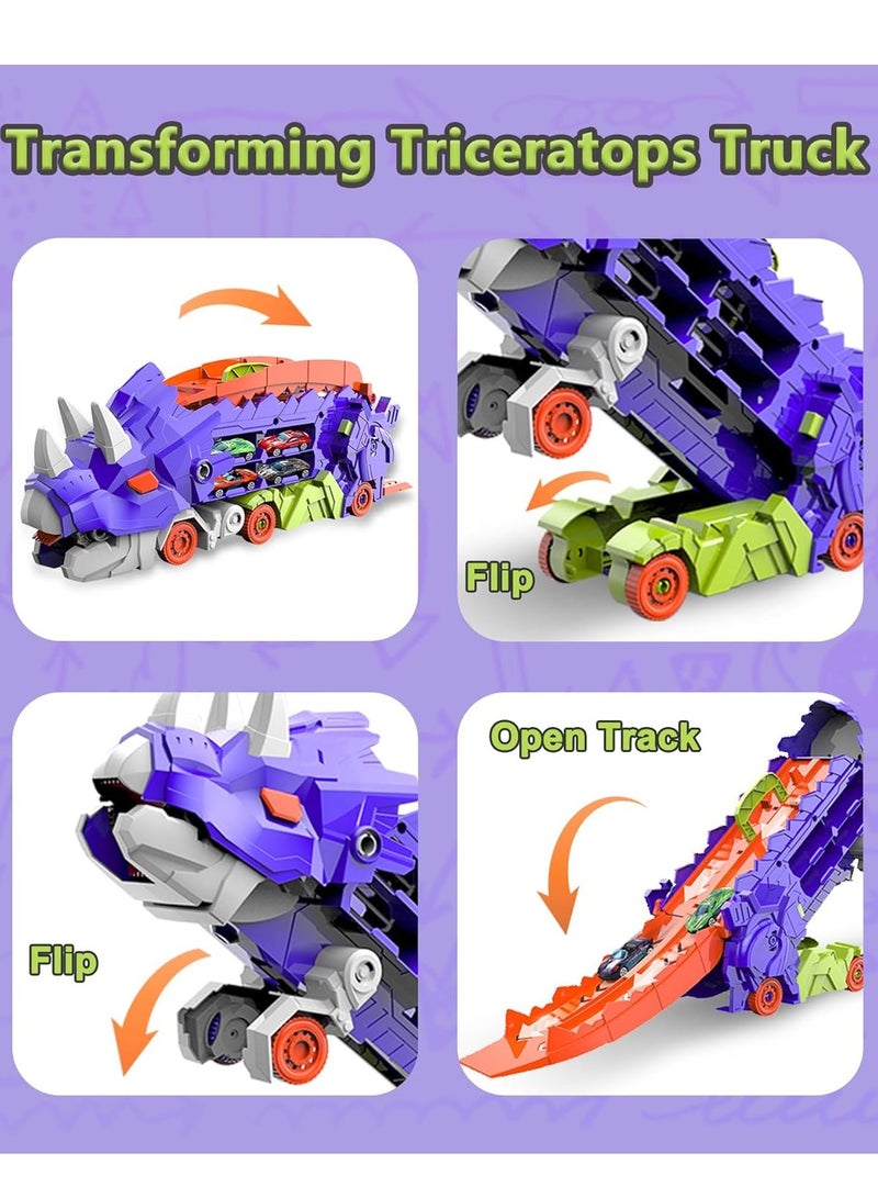 Transform Dinosaur Truck for Toddlers, Transporter Track Set with 8 Die-cast Vehicles Toys, Transforms into Triceratops Play Vehicles Gifts Set for 3+ Kids Boys Girls - Image 2