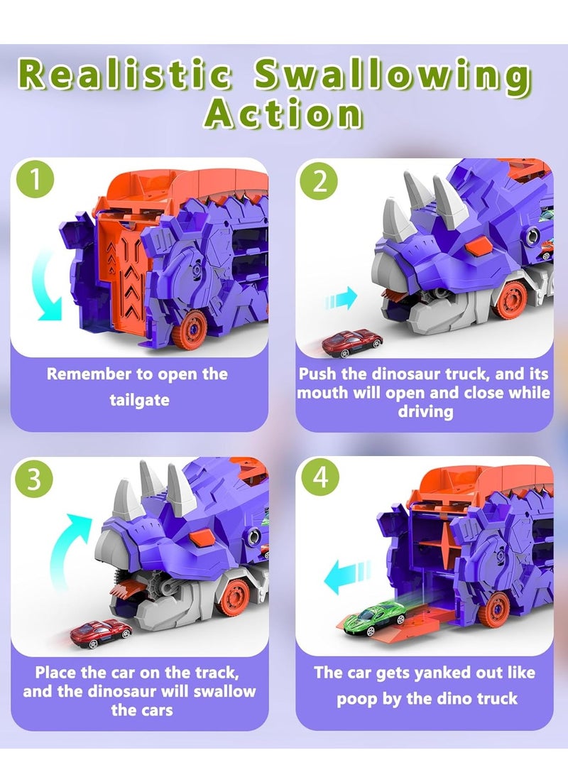 Transform Dinosaur Truck for Toddlers, Transporter Track Set with 8 Die-cast Vehicles Toys, Transforms into Triceratops Play Vehicles Gifts Set for 3+ Kids Boys Girls - Image 4