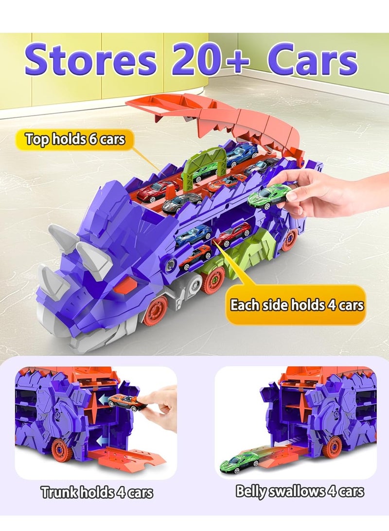 Transform Dinosaur Truck for Toddlers, Transporter Track Set with 8 Die-cast Vehicles Toys, Transforms into Triceratops Play Vehicles Gifts Set for 3+ Kids Boys Girls - Image 5