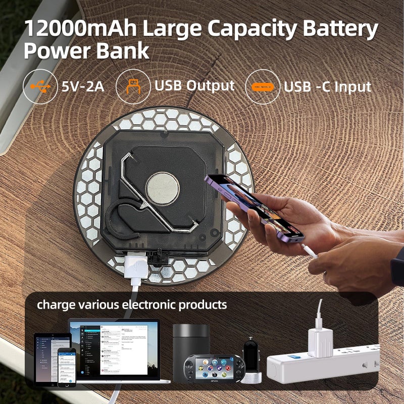 Trliradyn 12000mAh (45W) Camping Hanging Tent Light Emergency Power Outage Lantern Home Use 4000LM 3 Modes IPX5 Waterproof Outdoor Walking Rock Climbing Work Rechargeable Camping Light - Image 3