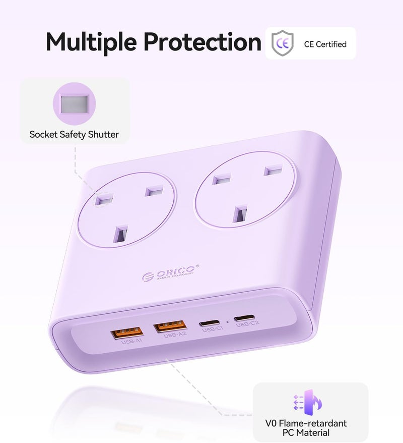 ORICO Extension Lead with USB Slots, 2 Gang Extension Socket with 2 USB C(PD 20W) and 2 USB A, 1.6m Extension Cable, 13A 3250W Desk Power Strip for Bedroom Office Accessories-Purple - Image 5