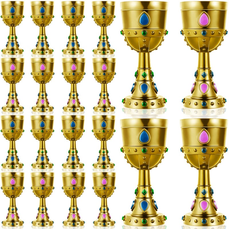 Suclain 20 Pcs Medieval Molded Crown Goblets 8 oz Gold Jeweled chalice Vintage Plastic Goblet King Queen Party Chalice Medieval Party Decorations for Carnival Drinking Supplies