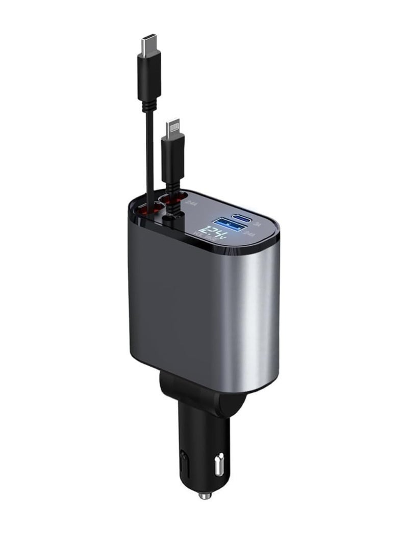 DUSALA Car Charger 66W Retractable, 4-in-1 Fast Car Phone Charger with Retractable Cables & USB, Compatible with iPhone 15/14/13/12/11, Galaxy (1 Lightning, 1 Type-C) - Image 1