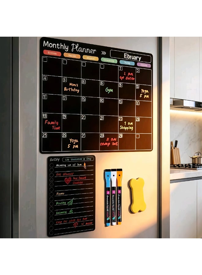 Erasable Refrigerator Calendar, Monthly Meal Planner And Today's Menu Whiteboard, 2pcs Fridge Chalkboard, Suitable For Kitchen Office, Includes 3 Marker Pens And 1 Eraser - Image 3