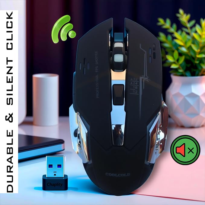 COOLCOLD Wireless Gaming Mouse – Rechargeable RGB with Type-C OTG Dongle, 2.4 GHz 2400 DPI, 6-Button, 4-Color Breathing Lights, 10 m Range (Black) - Image 3