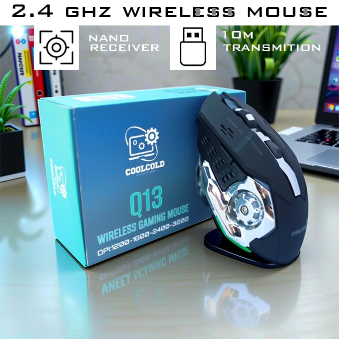 COOLCOLD Wireless Gaming Mouse – Rechargeable RGB with Type-C OTG Dongle, 2.4 GHz 2400 DPI, 6-Button, 4-Color Breathing Lights, 10 m Range (Black) - Image 4