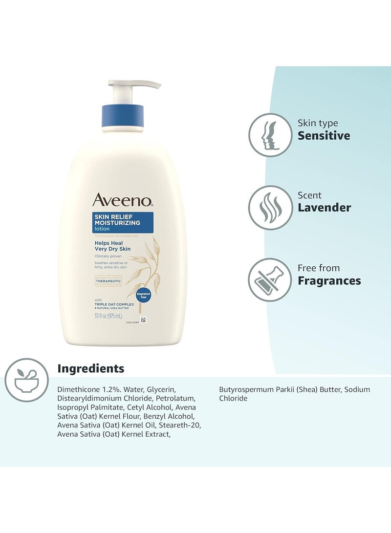 Aveeno Skin Relief Moisturizing Lotion for Very Dry Skin with Soothing Triple Oat & Shea Butter Formula, Dimethicone Skin Protectant Helps Heal Itchy, Dry Skin, Fragrance-Free, 33 fl. oz - Image 2