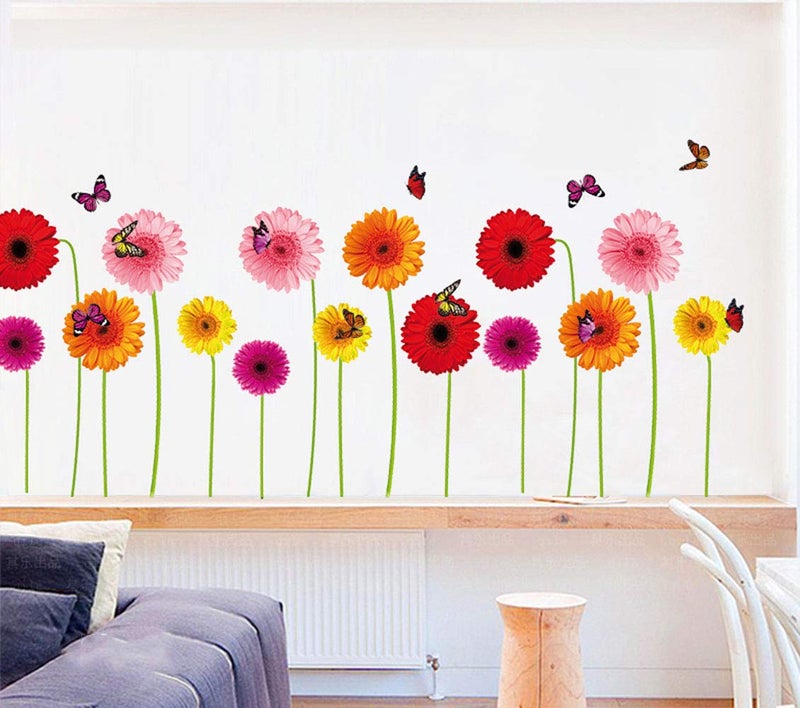 DNVEN Summer Sunflower Wall Decals with Butterfly Colorful Flower Wall Stickers Removable Waterproof Sunflower Decor Mural for Kids Room TV Background Decoration 28 x 10 inches