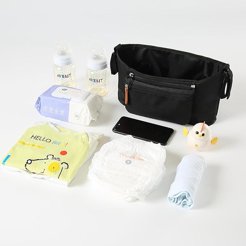 Proxima Direct Stroller Accessories, Universal Baby Stroller Bag Organizer with Heightened Insulated Cup Holders Caddy Pram Fits Most Strollers, Machine Washable (Black) - Image 3