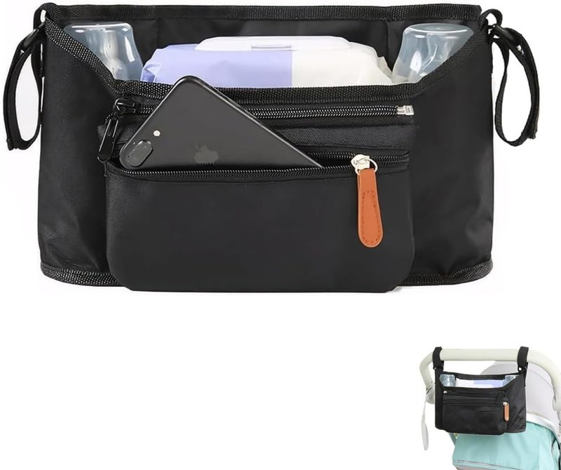 Proxima Direct Stroller Accessories, Universal Baby Stroller Bag Organizer with Heightened Insulated Cup Holders Caddy Pram Fits Most Strollers, Machine Washable (Black) - Image 1