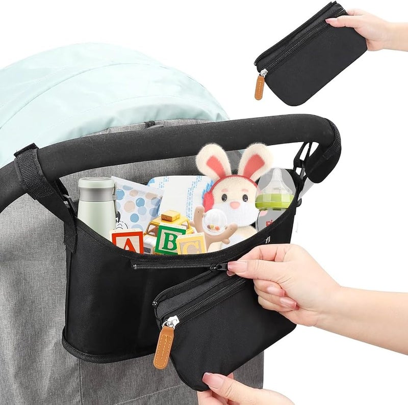 Proxima Direct Stroller Accessories, Universal Baby Stroller Bag Organizer with Heightened Insulated Cup Holders Caddy Pram Fits Most Strollers, Machine Washable (Black) - Image 5