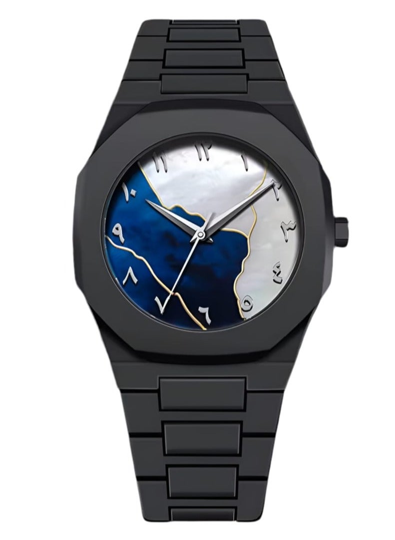 Arabic Numeral Wristwatch, Black Mate Stainless Band, Men's Watch, Blue and Pearl White Dial - Image 1