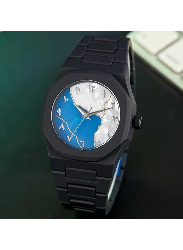 Arabic Numeral Wristwatch, Black Mate Stainless Band, Men's Watch, Blue and Pearl White Dial - Image 3