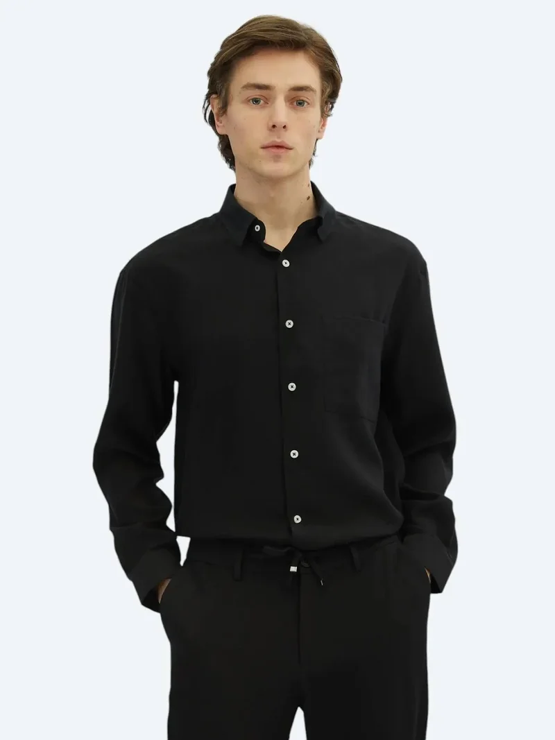 Kip Black Plain Oversize Fit Weaving Casual Shirt