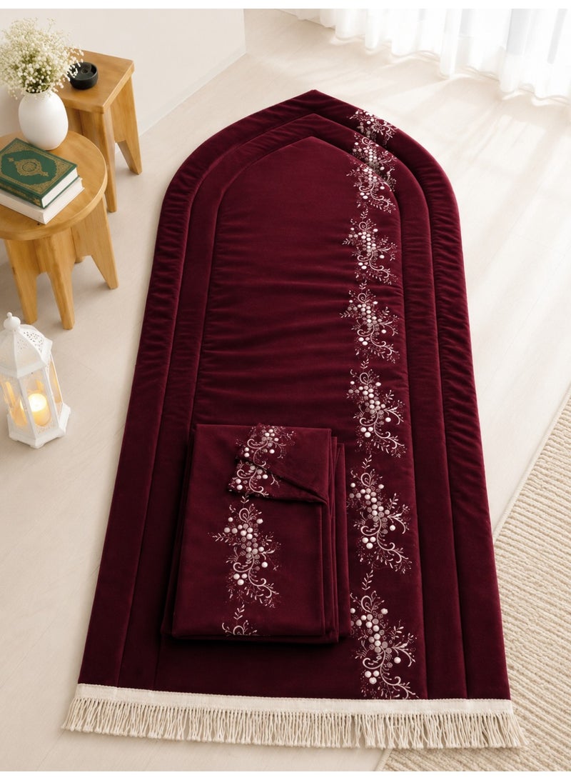 Padded prayer mat set with embroidered prayer shawl for women – Soft fabric with luxurious embroidery – Stylish and comfortable prayer set for everyday use – A special gift for special occasions, Ramadan, and Eid - Image 1